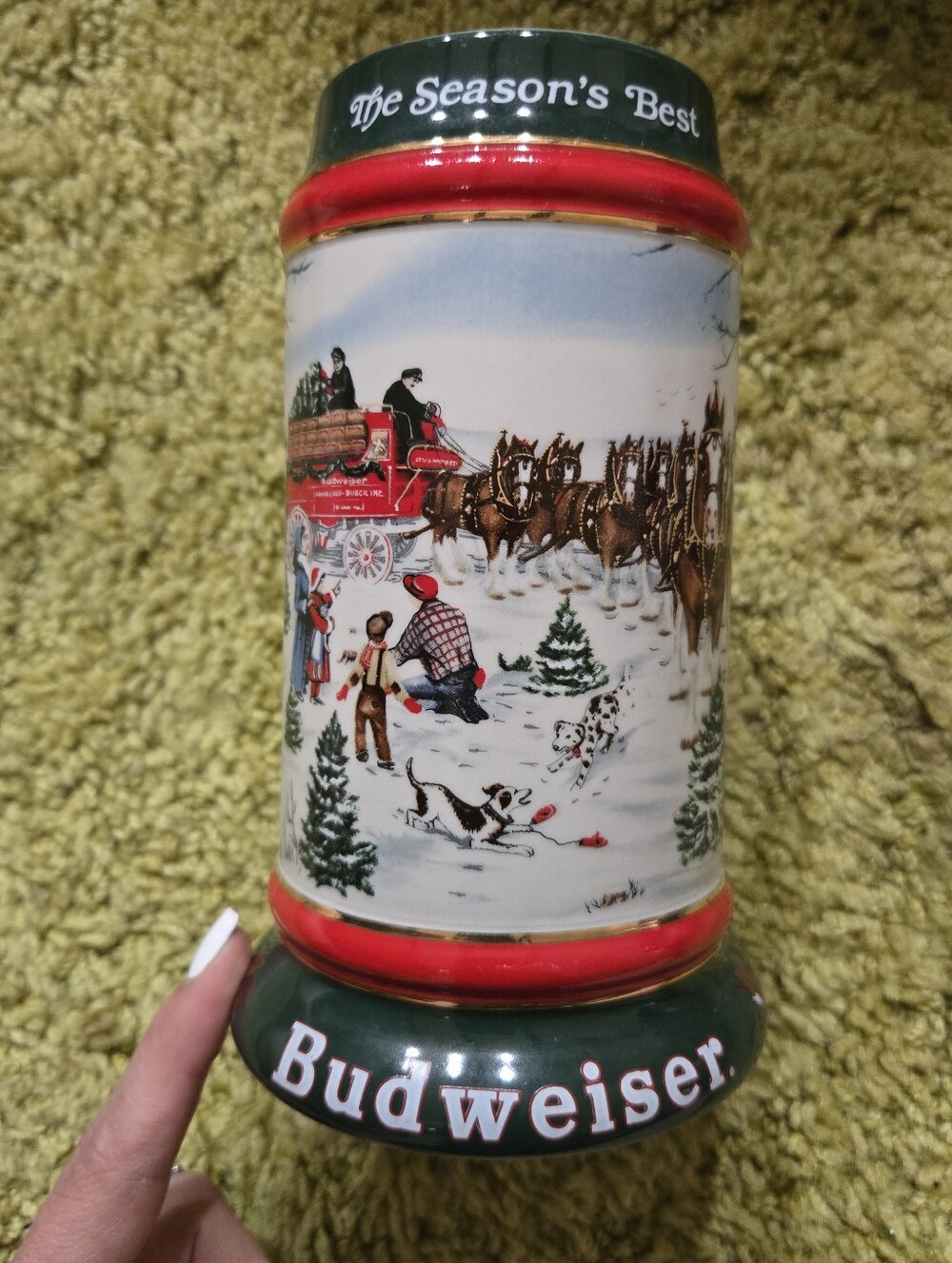 Budweiser Green and Red Holiday Ceramic Stein with Winter Team Scene